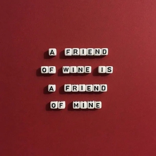 Buchstabenwürfel auf weinrotem Grund bilden den Satz: a friend of wine is a friend of mine